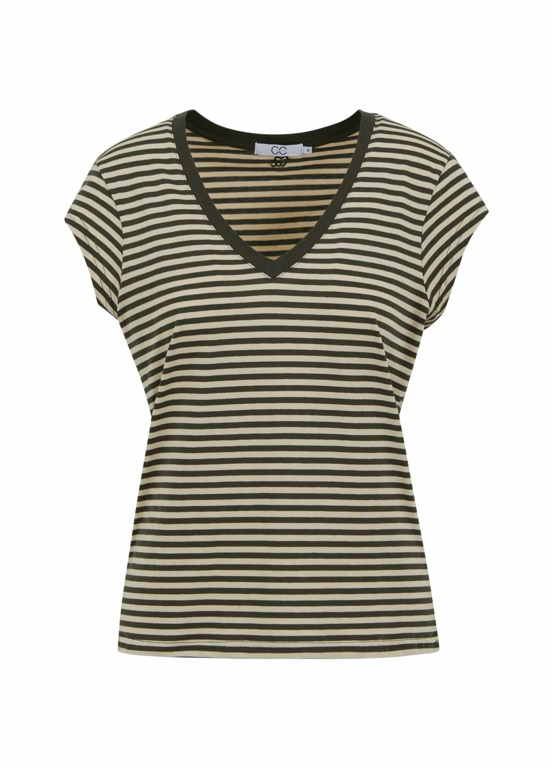 Coster Copenhagen Cc Heart Basic V-Neck T-Shirt Striped Hunter Green/Creme Sale