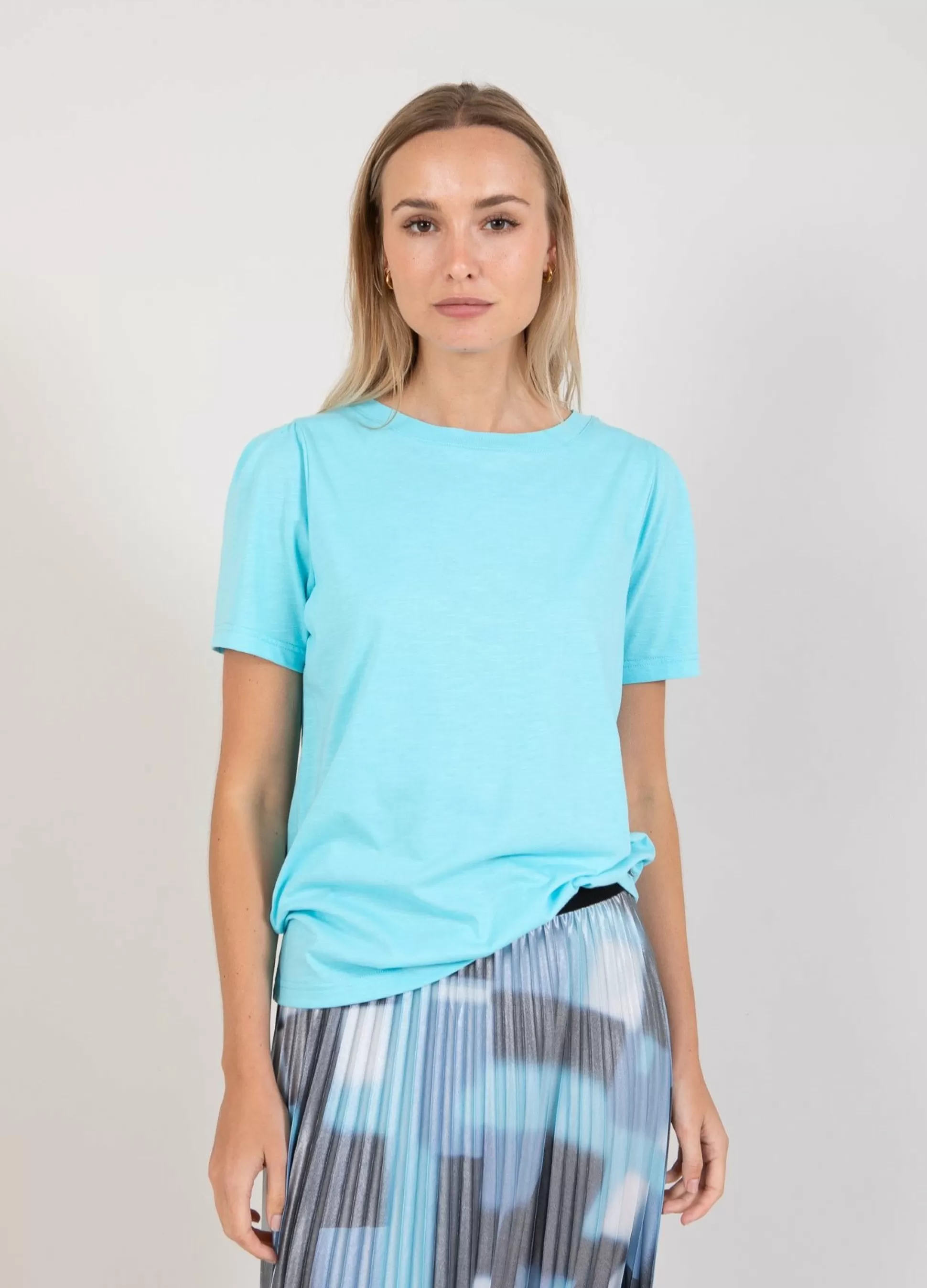 Coster Copenhagen T-Shirt With Pleats Aqua Blue Fashion